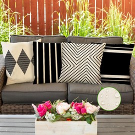 RABUSOFA Black and White Pillow Covers 18x18 Inch Set of 4,Outdoor Waterproof Boho Farmhouse Decroaions Cushion Cases for Sofa Couch Patio Furniture (03-B16)