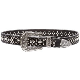 Snap On Rhinestone and Gun Metal Color Circle Studded Leather Belt, Black | 36"