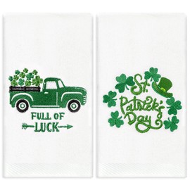 AnyDesign 2 Pack St. Patrick's Day Hand Towels Cotton Embroidered Green Truck Shamrock Bathroom Towel Decorative Dish Towel for Hand Drying Cleaning Cooking Gift, 30 x 14 Inch