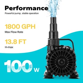 VIVOHOME 100W 1800GPH Submersible Water Pump with 180° Adjustable Water Outlet, 13.8ft High Lift for Waterfall Fountains Fish Tank Pond