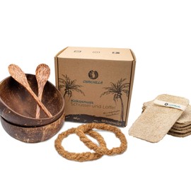 Chinchilla® Set of 2 Coconut Bowls + 1 Loofah Sponge, Natural Coconut Bowls, Sustainable Kitchen Sponge Made of Loofah Cucumber, Washable & Reusable, Sustainable & Vegan