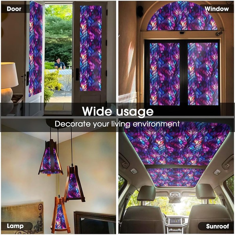REDAMANCY Blue/Purple Flower Leaf Stained Glass Window Films Decorative Double-Side