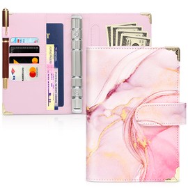 Toplive A6 Notebook Binder Refillable 6 Rings PU Leather Binder Cover Loose Leaf Personal Planner Binder with Magnetic Closure Card Holder/Pencil Holder, Marble Pink