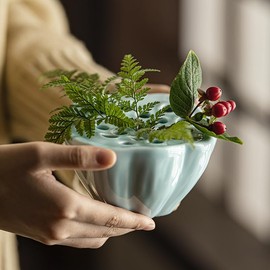 Chris.W Lotus Pod Flower Arrangement Holder, Celadon Ceramic Vase with Frog, Small Pot, Chinese Tea Table Zen Flower Decor (Cyan)