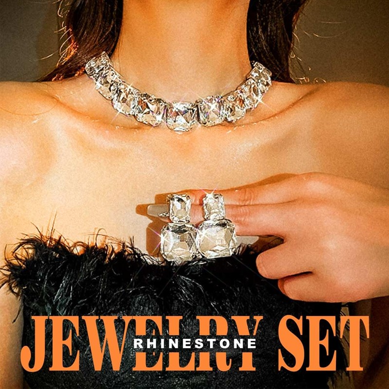 Zoestar Sparkly Crystal Jewelry Set Silver Rhinestone Necklace Earrings Set