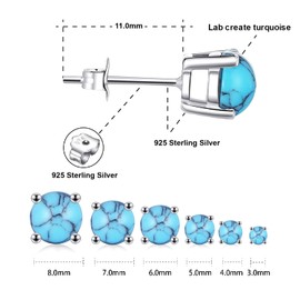 White Gold Plated Sterling Slver Turquoise Stud Earrings 3mm-8mm Options, Simulated Gemstone 4-Prong Studs Hypoallergenic Jewelry (3mm)
