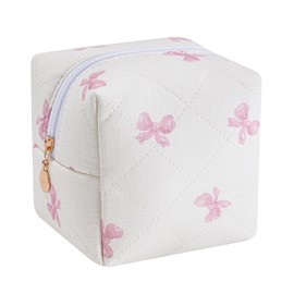 HHQQWZ Cute Cubic Shaped Floral Cotton Makeup Cosmetic Bag for Women, Travel Quilted Zipper Make Up Bag, Cube Flowers Organizer Case Kawaii Makeup Cosmetic Travel Cloth Pouch (Pink Bow Tie)