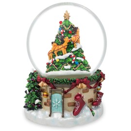 Snowman & Dogs Watching Santa by Christmas Tree Musical Water Snow Globe
