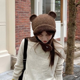 Women's Cute Bear Ear Knit Wool Balaclava Hat LF1397 One Size/Adult Red 4ea