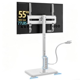 Floor TV Stand with Power Outlet for 26-55 inch TVs up to 77 lbs, Height Adjustable Swivel Tilt TV Stand with Wood Base, Saving Space Design for Bedroom, Living Room and Corner, White