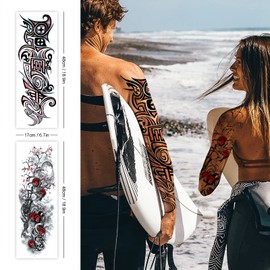 18 Sheets Temporary Tattoos, CAYUDEN Waterproof Black & Colorful 10 Sheet Full Arm Temporary Tattoo Stickers + 8 Sheet Half Arm Fake Tattoos Sleeves Men Woman with Wolves Dragon Rose Gun Tattoo Kit