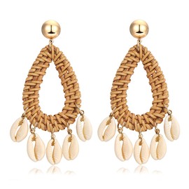 Rattan Shell Earrings Handmade Straw Wicker Braid Woven Drop Earrings Boho Cowrie Shell Chandelier Statement Dangle Stud Earrings for Women (D-teardrop)