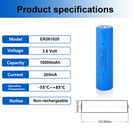 JOXIYECLTL Double C Battery ER261020 16.0AH 3.6V Li-Socl2 Lithium Thionyl Battery(1PCS)
