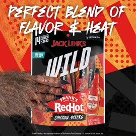 Jack Link's WILD Mini Chicken Sticks Made With Frank's RedHot Flavor – 7g of Protein Snacks, On the Go Snacking, Keto & Paleo Snack, Carnivore Diet Ready, Individually Wrapped – 0.5 Oz. (14 Count)