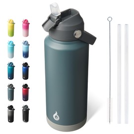 BJPKPK Water Bottle with Straw Lid, 32oz Vacuum Insulated Water Bottles, Metal Stainless Steel Water Bottles for Sports, Travel, BPA Free Leak Proof Thermos, Cups, Flasks, Tumblers, Grey