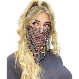 OhMill Women Rhinestone Mesh Mask Glitter Fringe Mask Night Club Party Chain Rhinestone Face Accessories for Cosplay Ball Masquerade Ball