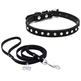 Avenpets Bling Crystal Dog Collar with Leash Set Cute Rhinestone Bone Tag Jeweled Set Soft Suede Leather Cat Puppy Dogs Collar and Leash Combo Set, Black, S:10-13"(27-33cm) Neck