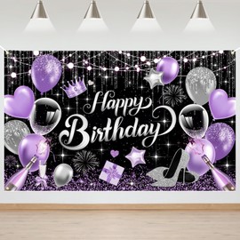 Mocsicka Purple Birthday Backdrop for Woman Glitter Sliver Purple Happy Birthday Party Banner Decorations Women Girl Birthday Party Home Decor 70.8 * 43.3 inch