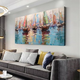 ZOMNAI Colorful Boats on Water Oil Painting Style Wall Art Decor Artwork for Bedroom (20x40 Inches)