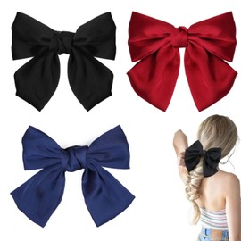 3 Pack Bow Hair Clips,Big Bow Hair Barrettes, Soft Satin Silky Bows for Women & Girls | Solid Color Barrette Clips (Navy Blue/Black/Red) |Hair Accessories for Ponytail, Braids & Wedding