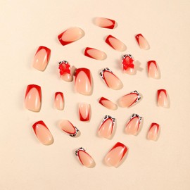 Press on Nails Short Square French Tip Fake Nails Nude False Nails with Embossed Red Bow Designs Leopard Print on Border Glossy Glue on Nails Stick on Nails Acrylic Nails for Women Girls 24 Pcs