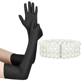 Qoncosy Opera Gloves for Women with Pearl Bracelet, Black Long Satin Gloves 1920s Style, Elbow Length Formal Costume Accessories for Weddings, Cosplay and Vintage Events