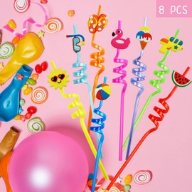 Ynaice 8 Pieces Reusable Drinking Straws Plastic Novelty Straws Beach Pool Curly Straws Summer Party Straws for Adults Kids Birthday Party Favors Decorations Pool Party Supplies