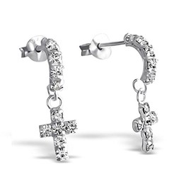 Dangling Cross Half Hoop Earrings - Sterling Silver with Crystal Stones