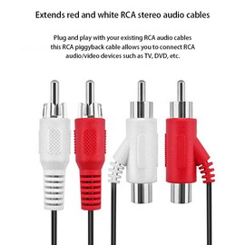 RCA Audio Piggyback Cable, 2 RCA Male to 2 RCA Male + RCA Female Piggyback, 6 foot