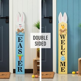 Glitzhome 42" H Happy Easter Porch Sign, Farmhouse Rustic Wooden Bunny and Eggs Porch Decor Standing Sign for Front Door Porch Decorations