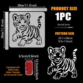 FINGERINSPIRE Small Tiger Stencil with 1 Piece Plastic Brush 30 x 30 cm Cute Small Tiger Drawing Stencil Animal Motif Template for Painting on Walls Wooden Furniture DIY Home Decoration