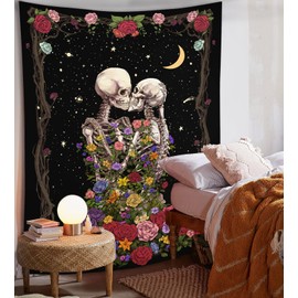 YISUMEI The Kissing Lovers Skull Tapestry for Bedroom Aesthetic Flowers Star Tapestry Wall Hanging for Room Decoration (M/130x150cm)