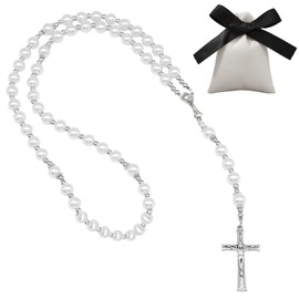 Giugio Rosary Natural Stones, Rosary Chain, Catholic Rosary, Communion Rosary with Retro Cross, Rosary for Christening, Communion, Wedding, Communion Party Favours (White)