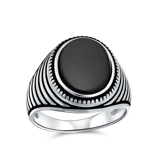 Retro Style Grooved Stripe Etched Band Black Onyx Square Signet