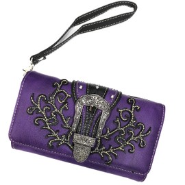 Zelris Western Country Floral Buckle Crossbody Trifold Fold Wallet (Purple)