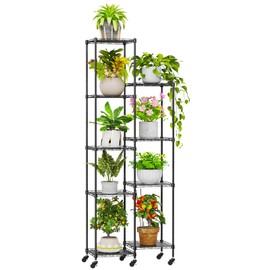 Abimars 74'' Tall Plant Stand with Wheels, Shelf Height Adjustable Metal Plant Shelf for 9 Potted Plants, DIY Assembly Indoor/Outdoor Plant Display Rack