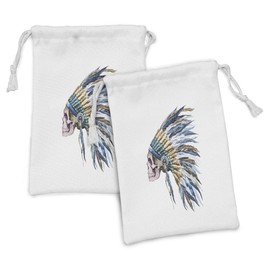 Lunarable Watercolor Fabric Pouch Set of 2, Skull Native Hat Indigenous Cultures Circle of Life Death, Small Drawstring Bag for Toiletries Masks and Favors, 9" x 6", Multicolor