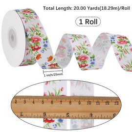 CABODYALS 18.29M 25mm Flower Grosgrain Printed Ribbon Vintage Chinoiserie Single Face Floral Pattern Spring Summer Versatile Fabric Ribbons for Sewing Home Clothes Decor Gift Wrapping Diy Craft Supply