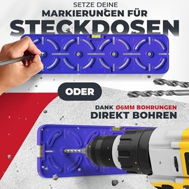Drilling template for sockets, switch boxes with 71 mm spacing, integrated spirit level, blue