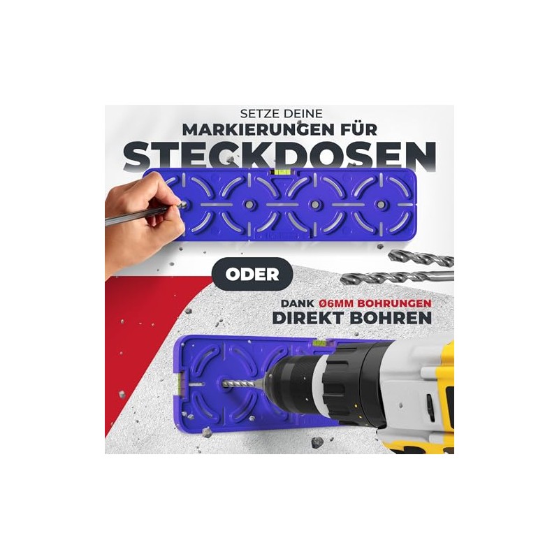Drilling template for sockets, switch boxes with 71 mm spacing,