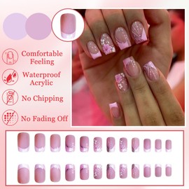 24 Stück French Press on Nails Kurz- Square Rosa Blumen Künstliche Nägel - Natürlich Eckig Falsche Nägel - Full Cover Kunstnägel Glänzend Acryl Fingernägel Zum Aufkleben für Frauen & Mädchen Nail Art