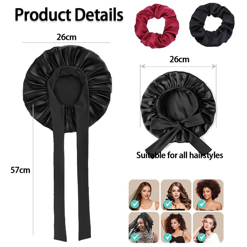 Schlafhaube Seide, Seidenhaube zum Schlafen, mit 2er Haargummis, Nacht Haarhaube