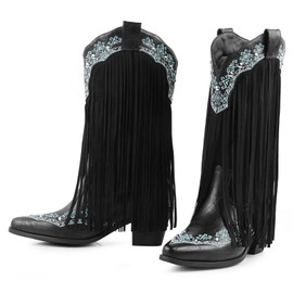FancyQueen Fringe Cowboy Boots for Women, Mid Calf Embroidered Cowgirl Boots with Studded Chunky Heel Pointed Toe Western Booties for Country Music Festivals