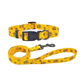 Olahibi Polyester Dog Collar Leash Set, Collar and 150CM Matching Lead for Large Dogs.(L, Yellow Bee)