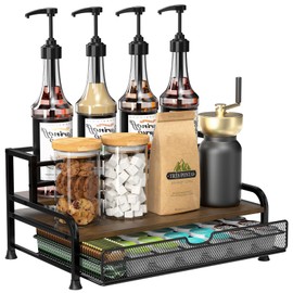 PONEYA Coffee Syrup Rack Organizer, 3-Tier 8 Bottles Syrup Rack with 35 K Cup Storage Basket for Coffee Bar, Countertop Bottle Holder Stand for Wine, Dressing for Kitchen Cafe Station