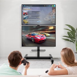 TVON Mobile Dual TV Stand for Two 32-65 Inch Plasma LCD LED Smart Flat Panel Curved TV Monitor Screens, Rolling Cart with Wheels, Tilt TV Mount Floor Stand, Hold up to 132 lbs