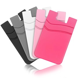 SHANSHUI Phone Wallet, Strong Adhesive Silicone Wallet Sleeve Pocket Stick on ID Credit Card Holder for All Smartphones - 5 Pack Black White Grey Pink Rose