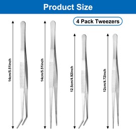 Pack of 4 Curved Tweezers, Stainless Steel Tweezers 14 cm, Blunt Tweezers Stainless Steel Professional Non-Slip, Multi-Purpose Tweezers, Angled Tweezers for Water Pets, Coral, Crafts, Cooking, Repair