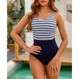 MOLYBELL One Piece Swimsuits for Women High Waisted Bathing Suit Monokini Floral Print Cutout Racerback Zip Up (Navy/White, Small)