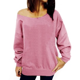 lymanchi Women Casual Off Shoulder Sweatshirt Long Sleeve Solid Pullover Sweater Pink L